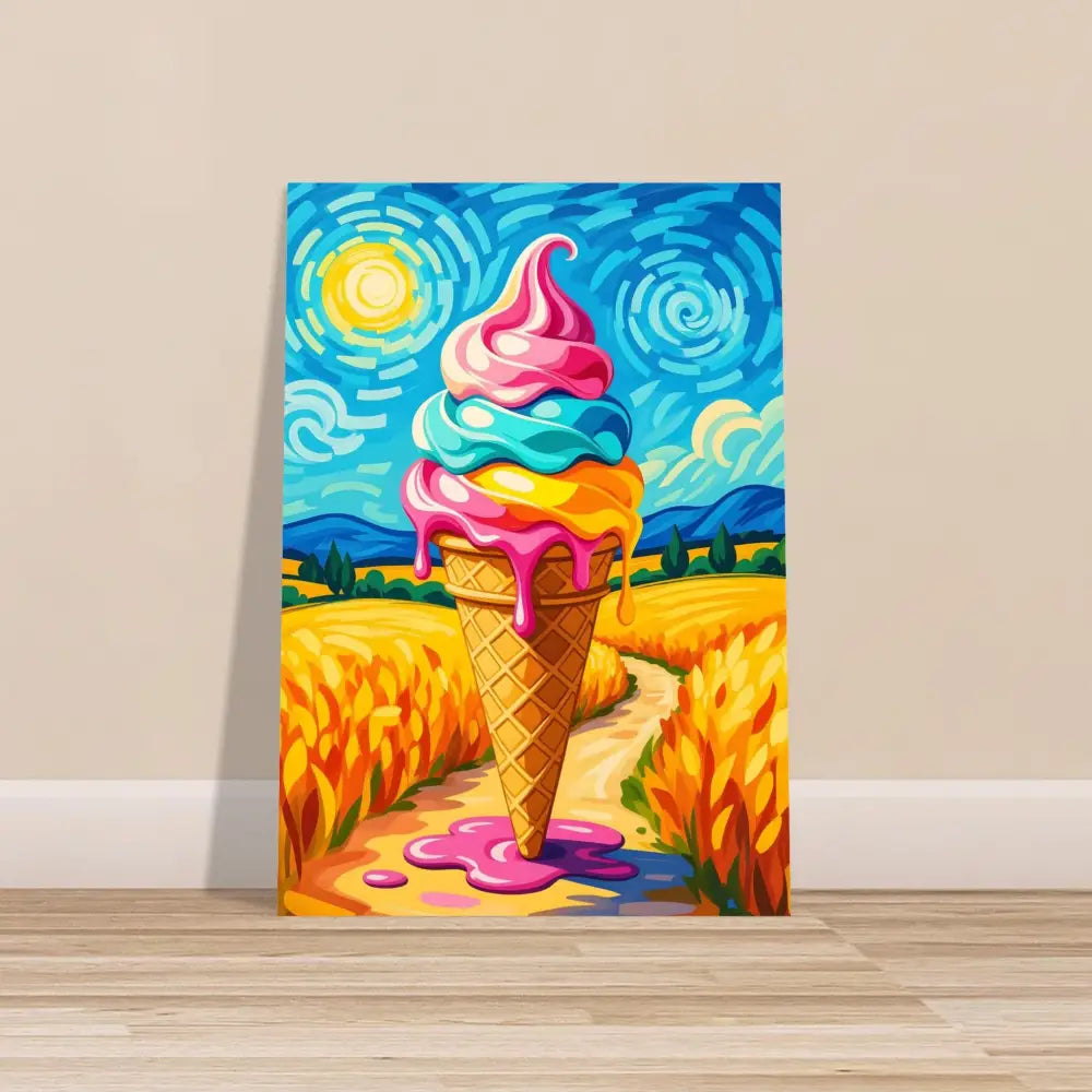 Colorful ice cream cone painting on wooden framed poster titled Sunlit Swirl of Pastoral Chaos