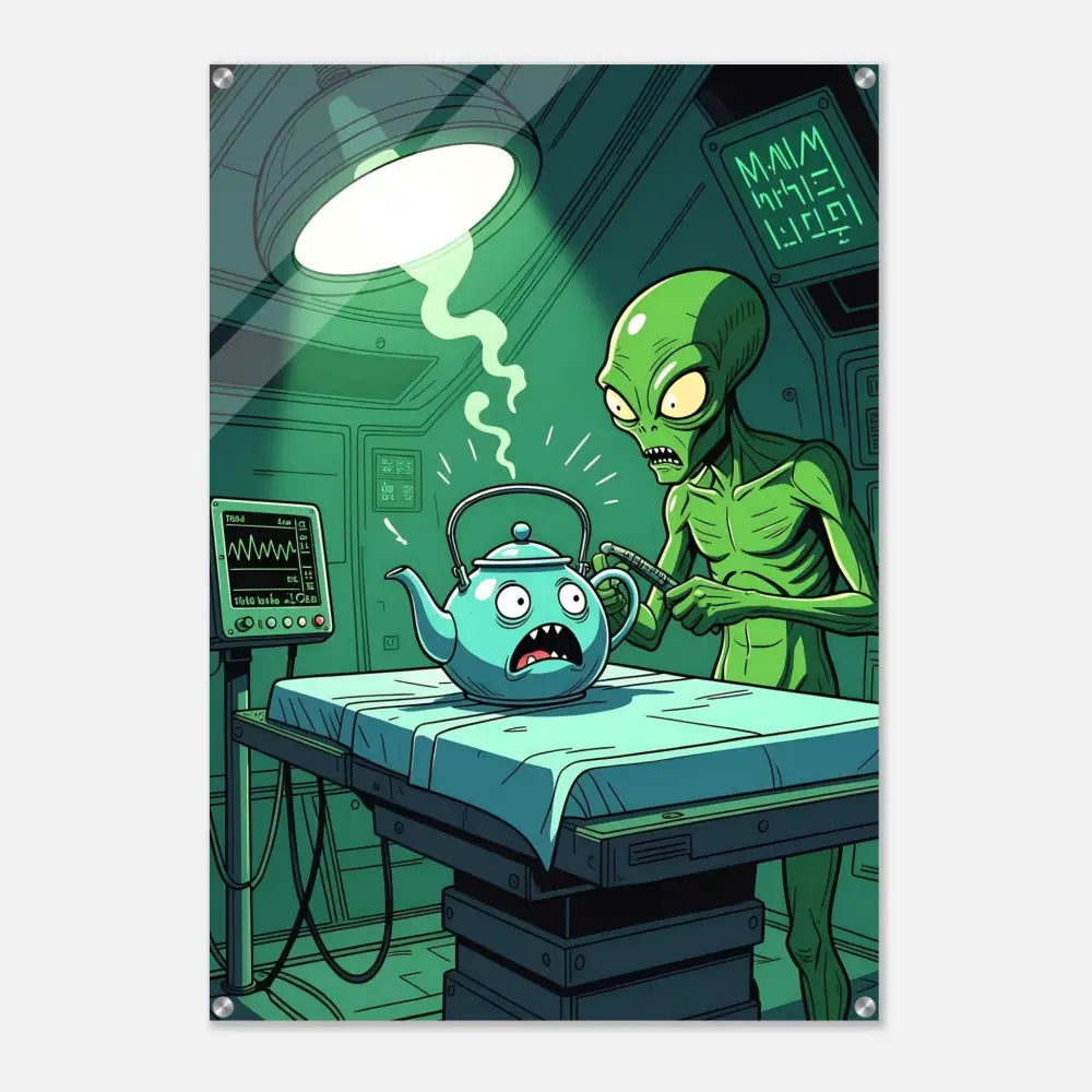 Cartoon alien inspecting a scared teapot in Probe Protocol Acrylic Print Sci-Fi wall art