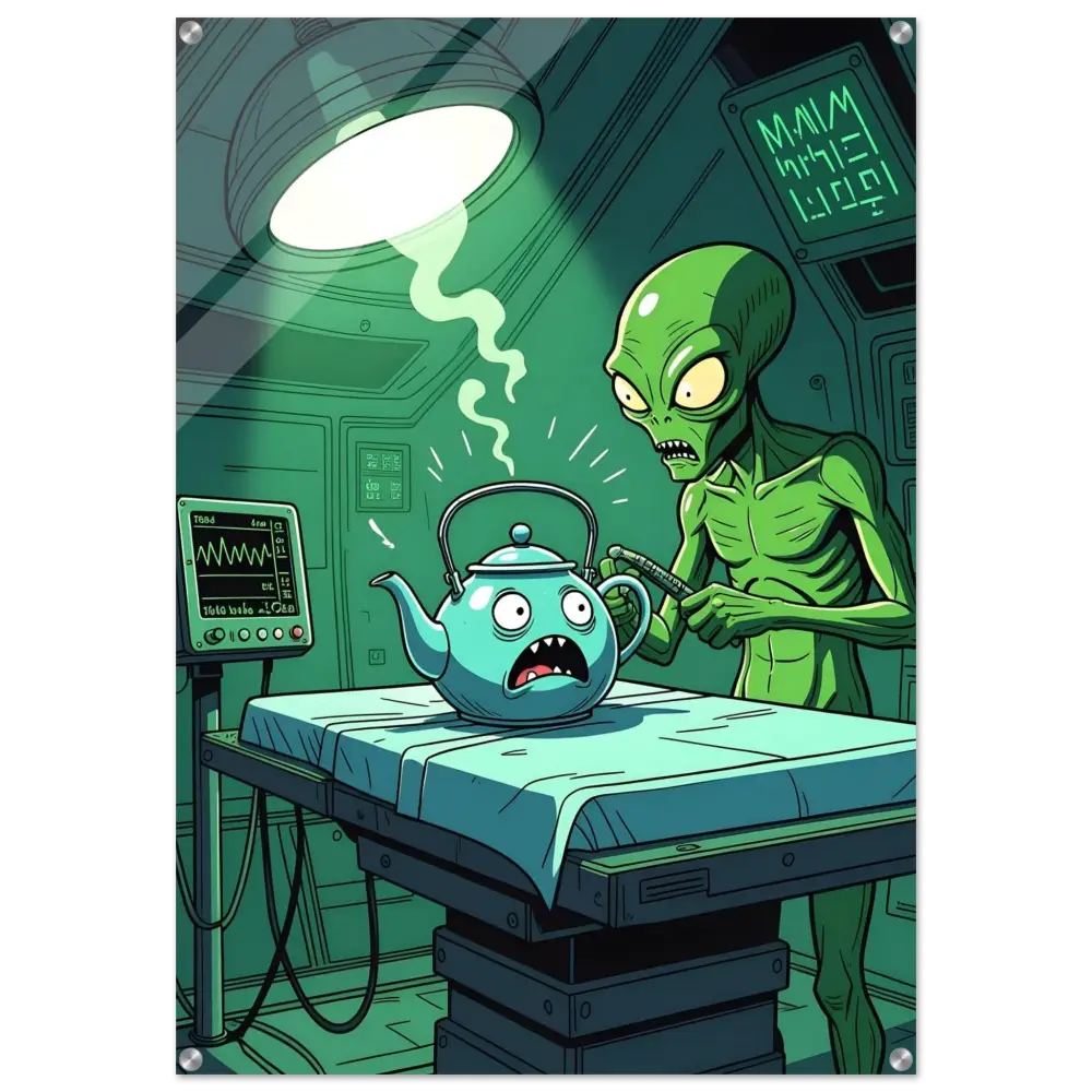 Cartoon alien inspecting a scared teapot in PixiOnyx Absurd Sci-Fi Comedy Wall Art