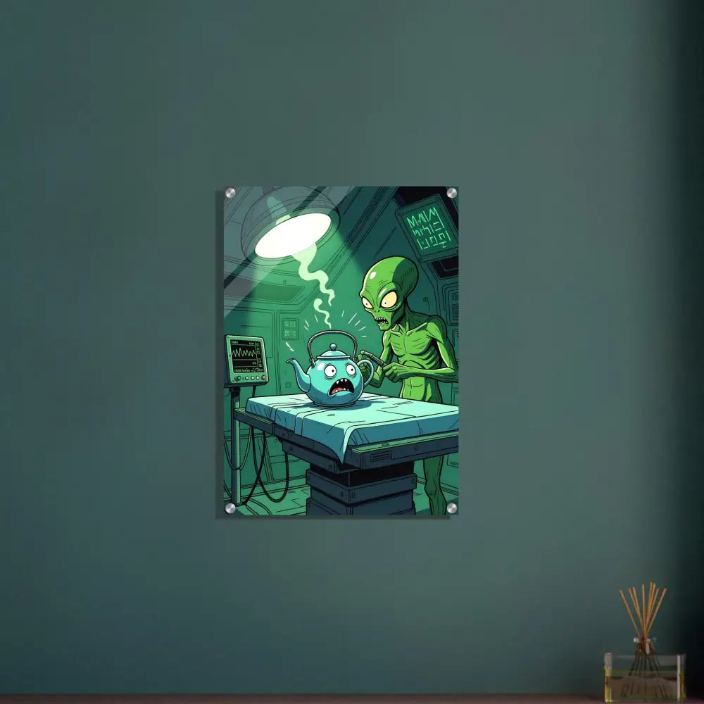 Humorous alien abduction scene on Probe Protocol Acrylic Print for sci-fi comedy wall art