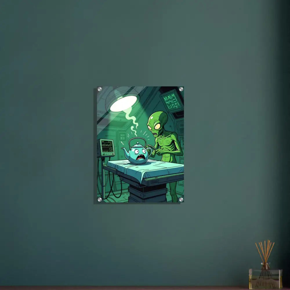 Humorous alien abduction art displayed as Probe Protocol Acrylic Print on glossy wall decor