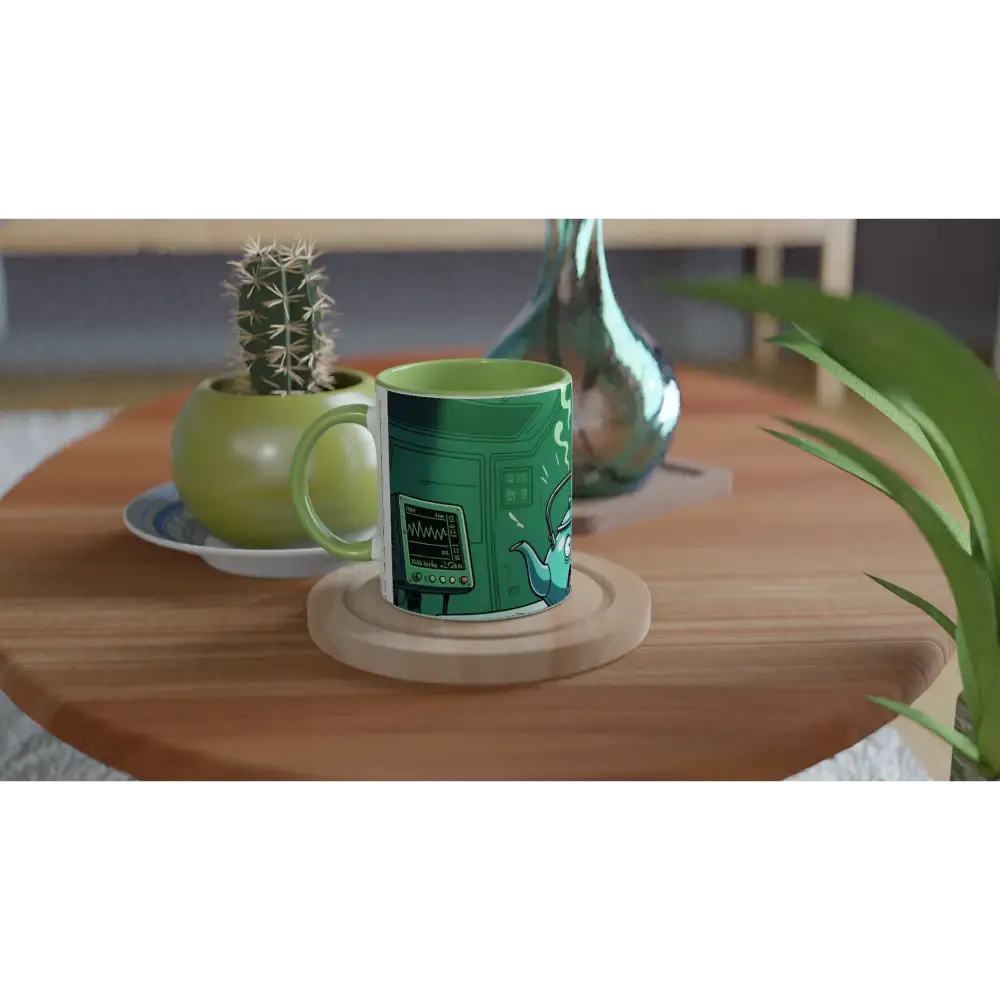 Green mug with alien teapot cartoon design from Probe Protocol PixiOnyx 11oz Colored Mug