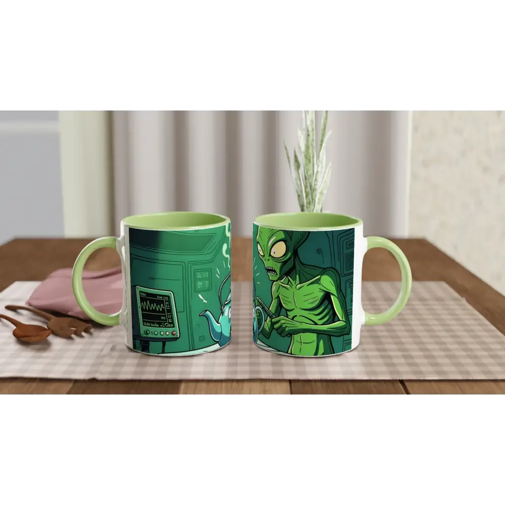 Two alien-themed mugs from Probe Protocol Alien Teapot Cartoon PixiOnyx 11oz Colored Mug
