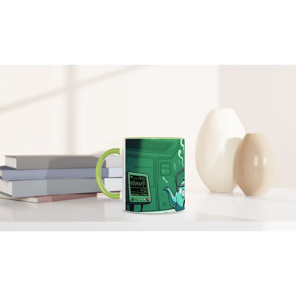 Green mug with cartoon design from Probe Protocol Alien Teapot PixiOnyx 11oz Colored Mug