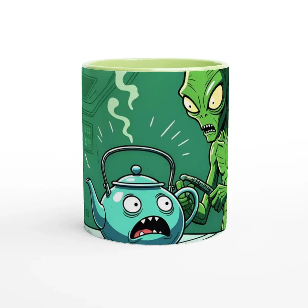 Cartoon alien and teapot on colorful 11oz Probe Protocol PixiOnyx Mug