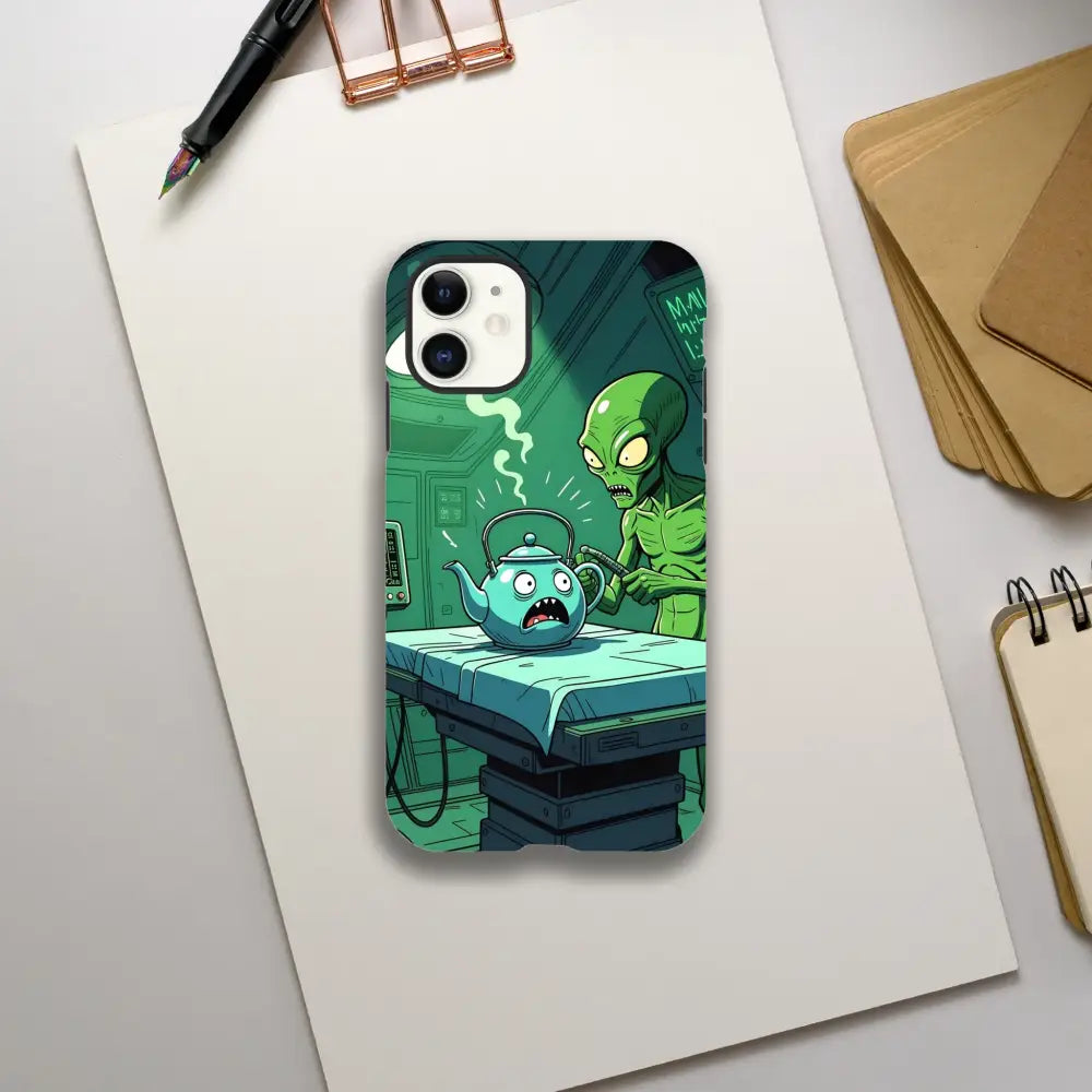 Cartoon alien abduction iPhone case featuring a teapot scene on the Probe Protocol PixiOnyx design