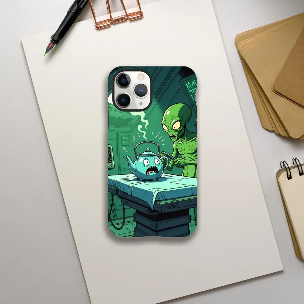 Alien and teapot phone case for iPhone featuring Probe Protocol Alien Teapot Scene by PixiOnyx