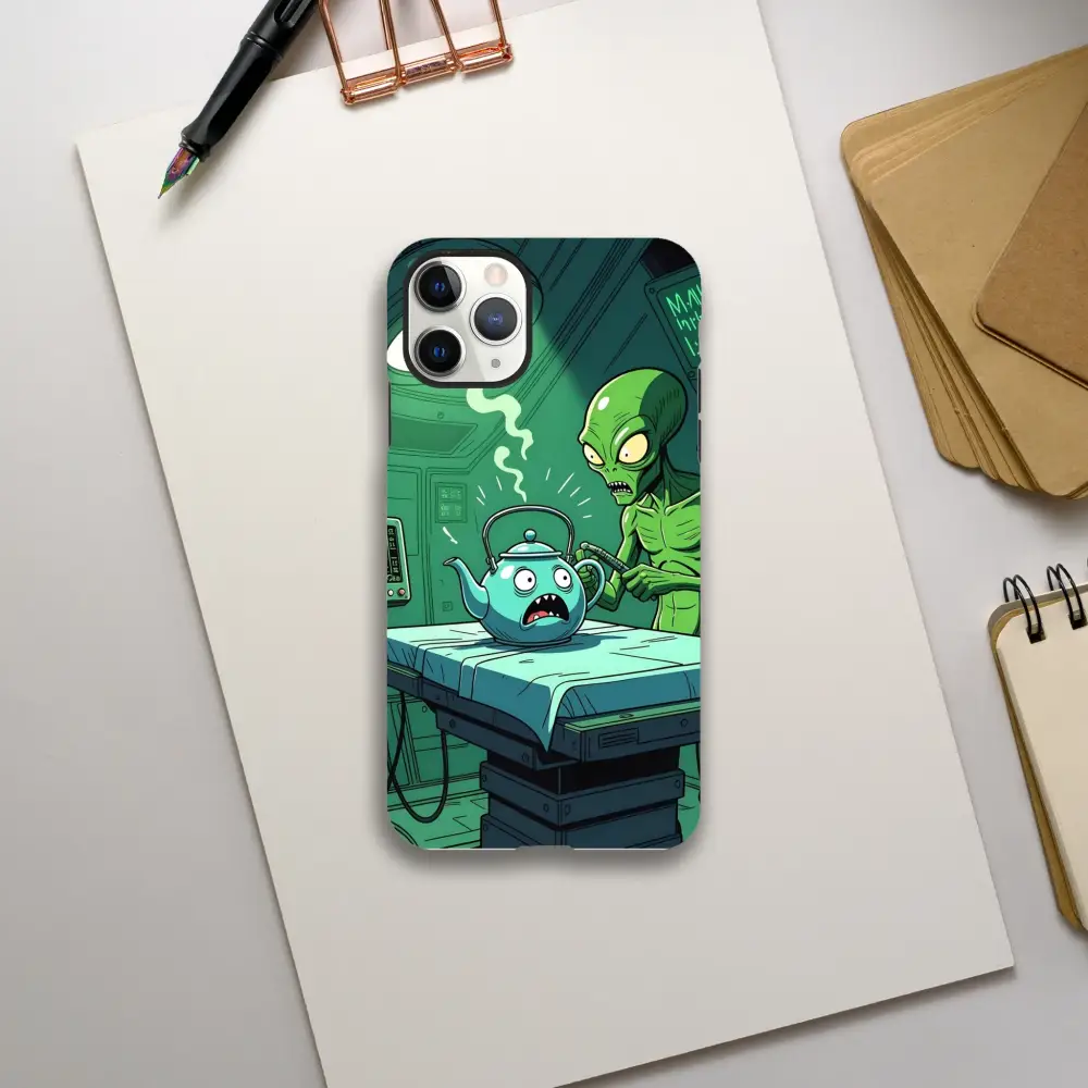 Alien-themed phone case featuring Probe Protocol Alien Teapot Scene for PixiOnyx iPhone Tough Case