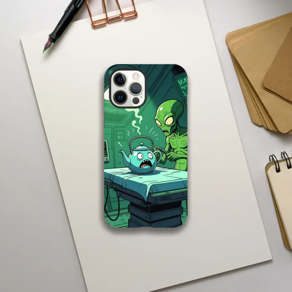 Cartoon alien phone case featuring Probe Protocol Alien Teapot Scene for iPhone protection