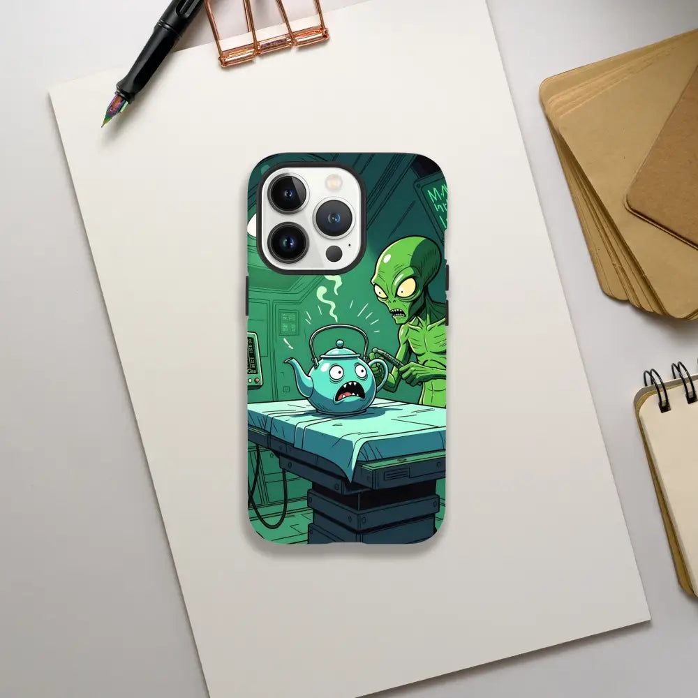 Cartoon alien abduction phone case with alien and teapot scene for iPhone Protectors