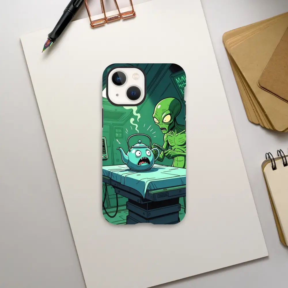 Alien abduction phone case featuring Probe Protocol alien teapot scene for PixiOnyx iPhone Tough Case