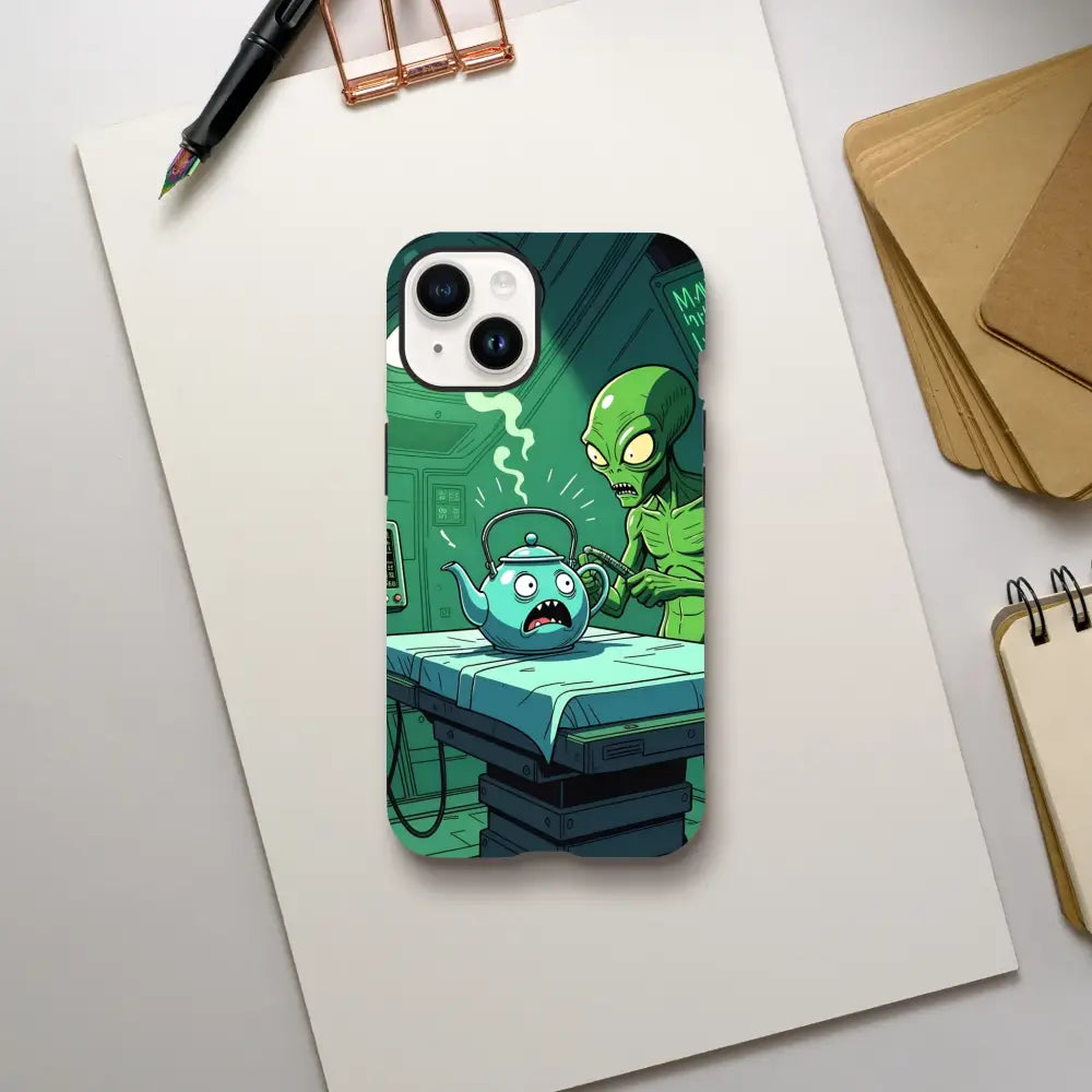 Cartoon alien abduction phone case featuring Probe Protocol Alien Teapot Scene for iPhone