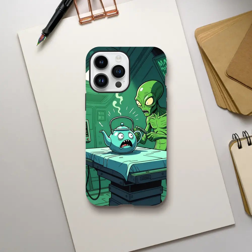 Cartoon alien and teapot phone case for iPhone from Probe Protocol PixiOnyx series