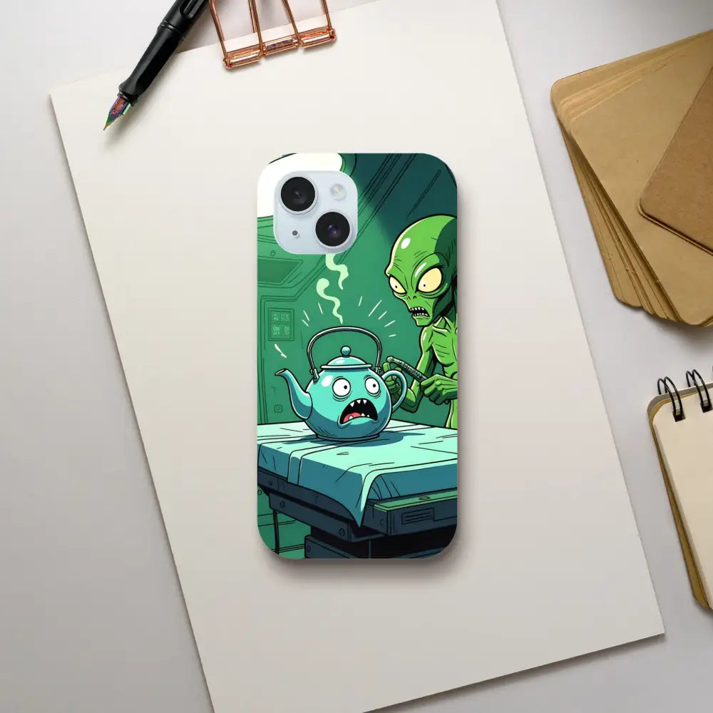 Phone case featuring an alien and teapot design from Probe Protocol PixiOnyx iPhone Tough Case