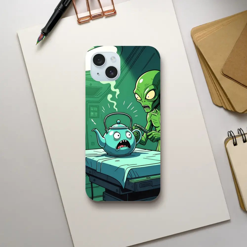 Humorous alien abduction phone case featuring an alien teapot scene for iPhone PixiOnyx