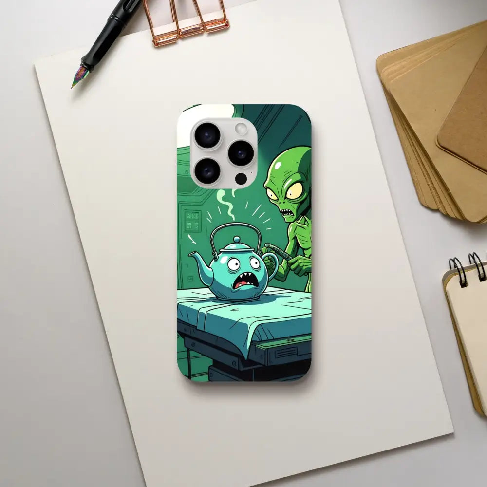 Cartoon alien abduction phone case featuring Probe Protocol Alien Teapot Scene for iPhone