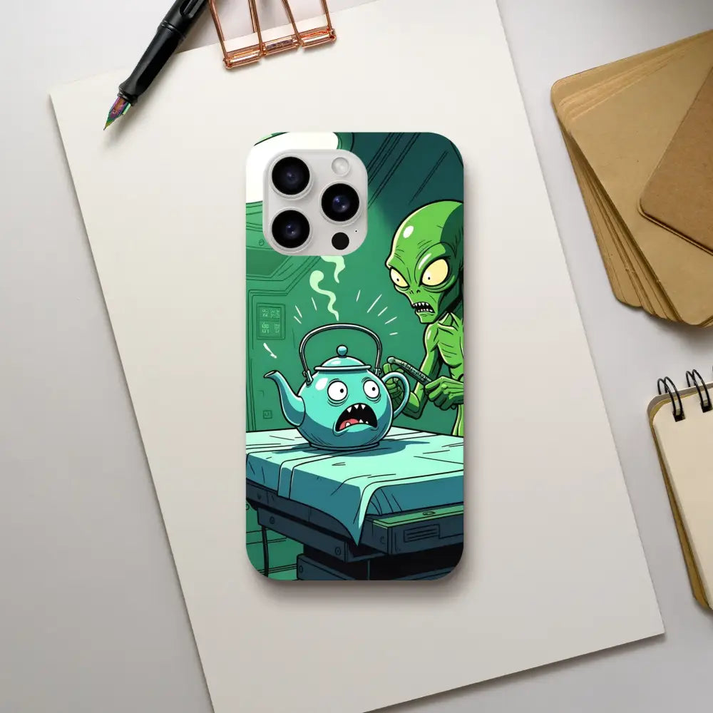 Alien abduction phone case featuring a teapot scene on PixiOnyx iPhone Tough Case
