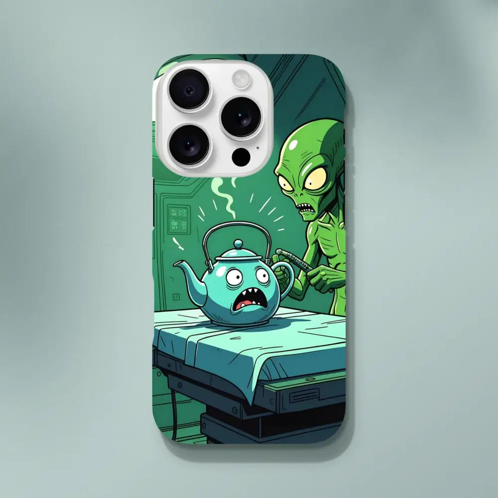 Humorous alien abduction phone case featuring an alien teapot scene for iPhone PixiOnyx