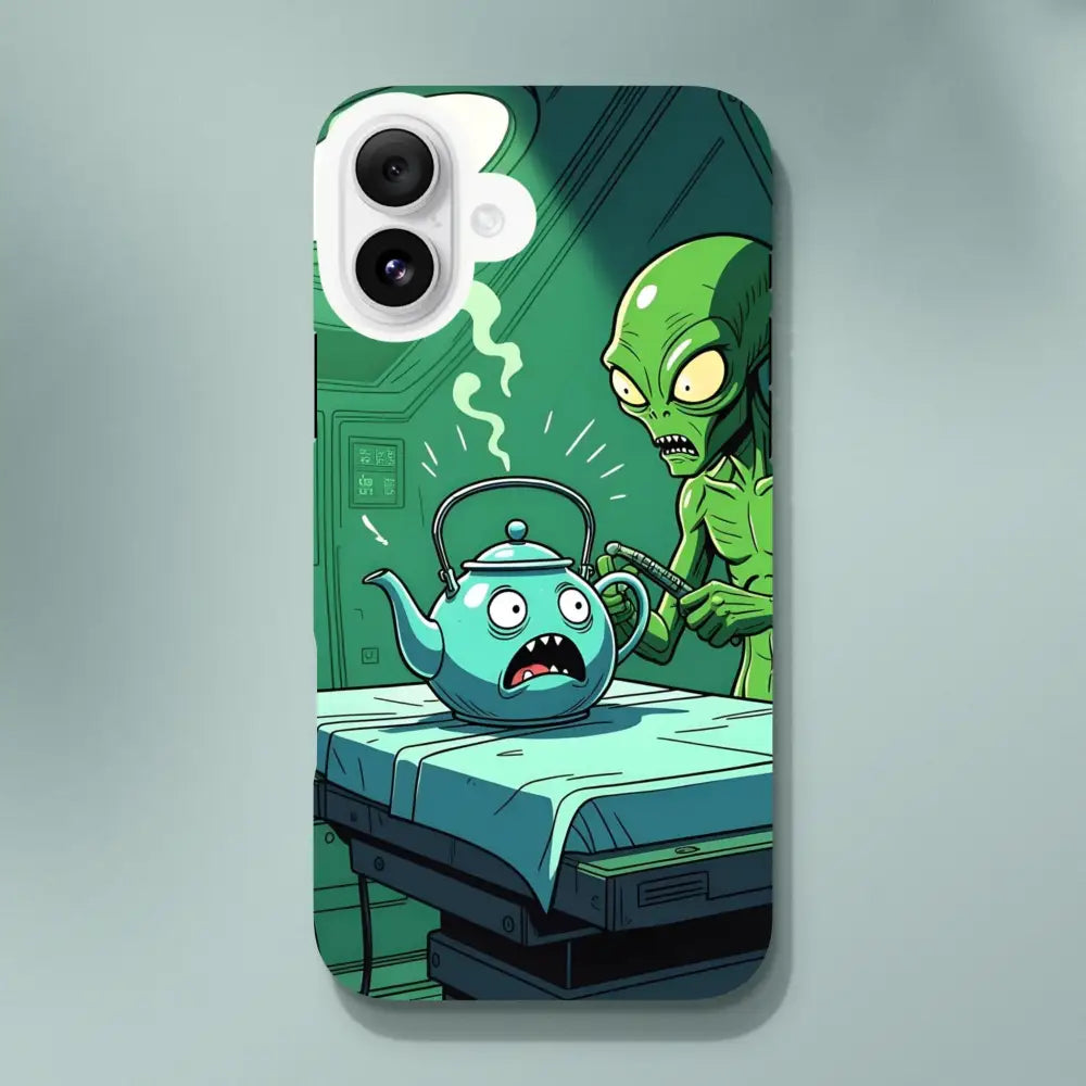 Cartoon alien phone case featuring Probe Protocol Alien Teapot Scene for iPhone protection