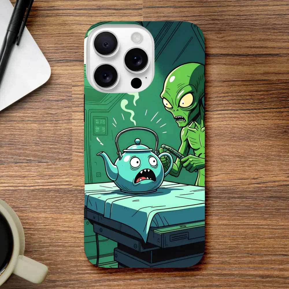 Humorous alien abduction phone case featuring Probe Protocol Alien Teapot Scene for iPhone