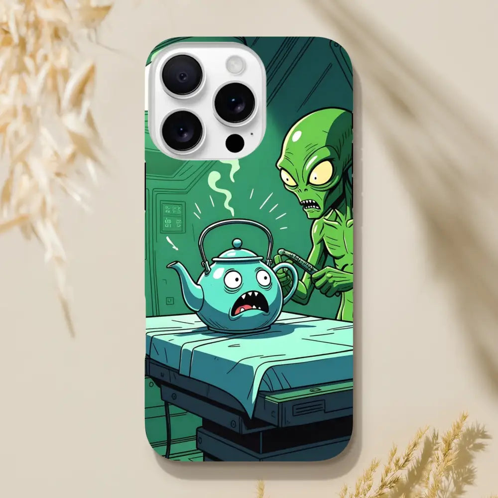 Cartoon alien abduction phone case for iPhone featuring Probe Protocol Alien Teapot Scene