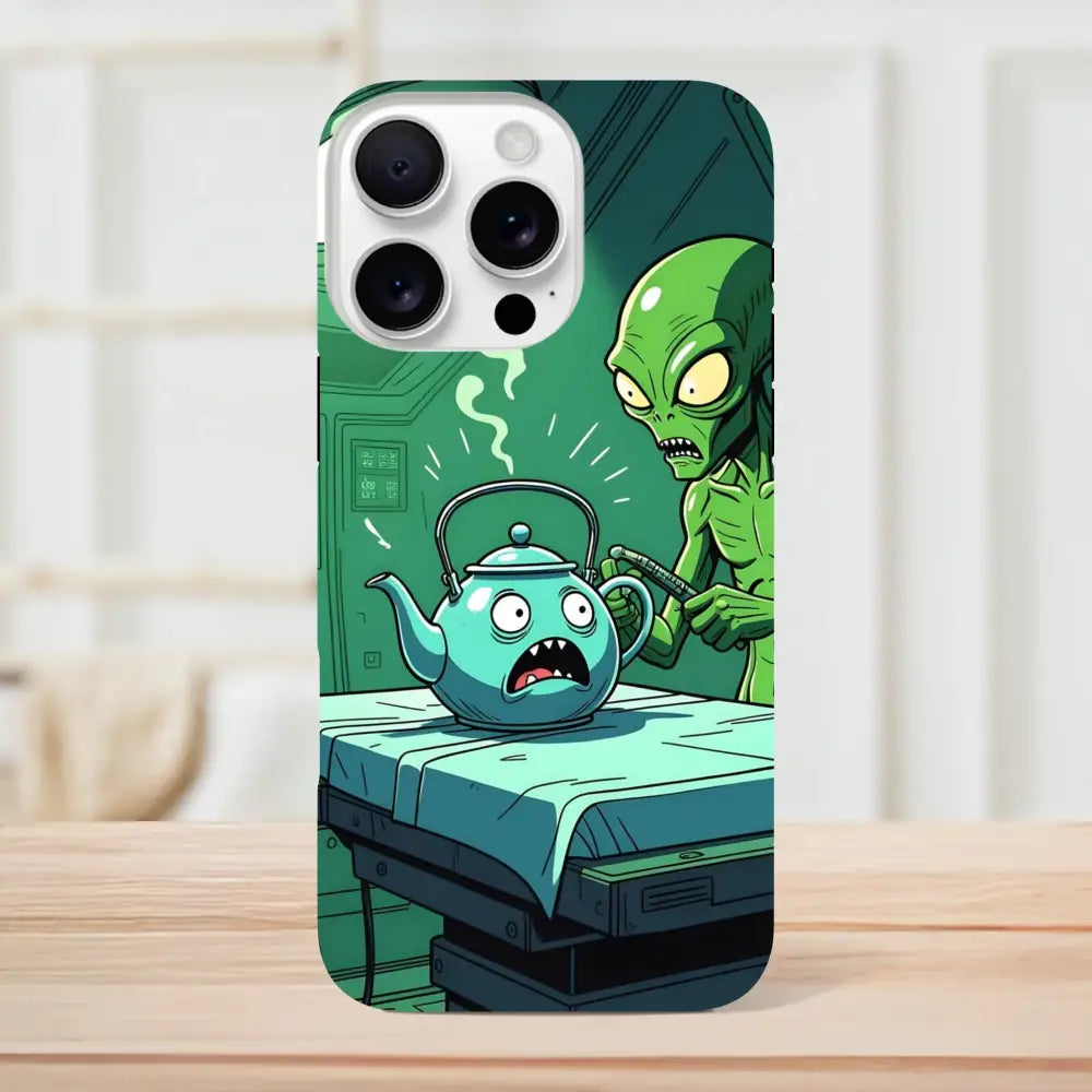 Humorous alien abduction phone case with alien teapot scene for iPhone by PixiOnyx