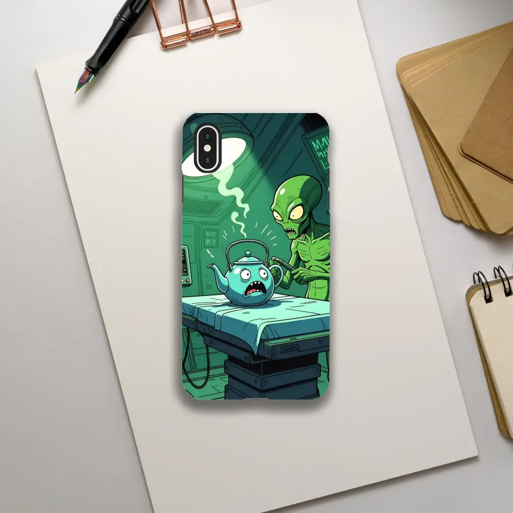 Cartoon alien abduction phone case featuring Probe Protocol Alien Teapot Scene for iPhone