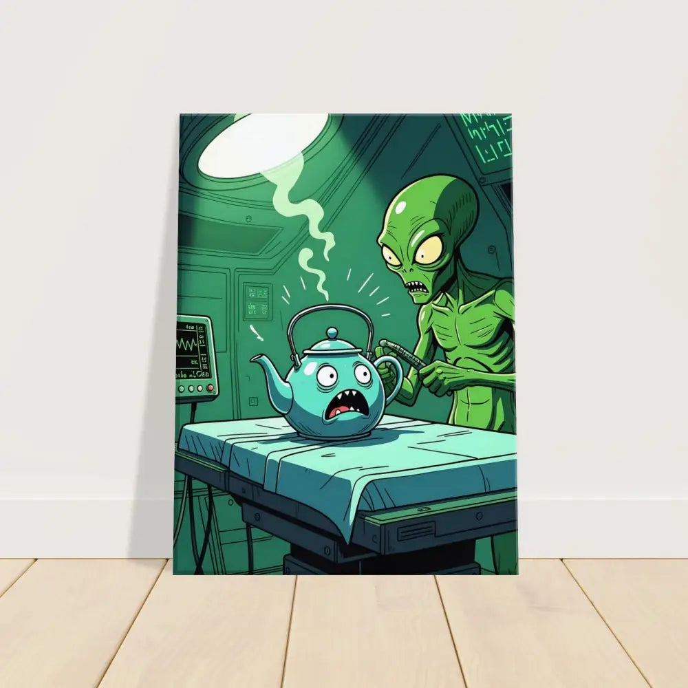 Humorous alien in operating room scene on Probe Protocol Canvas Tee Time Terror PixiOnyx Wall Art