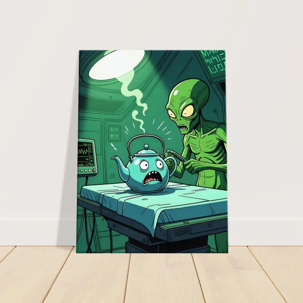 Humorous alien abduction art on Probe Protocol Canvas Tea Time Terror PixiOnyx Wall Art