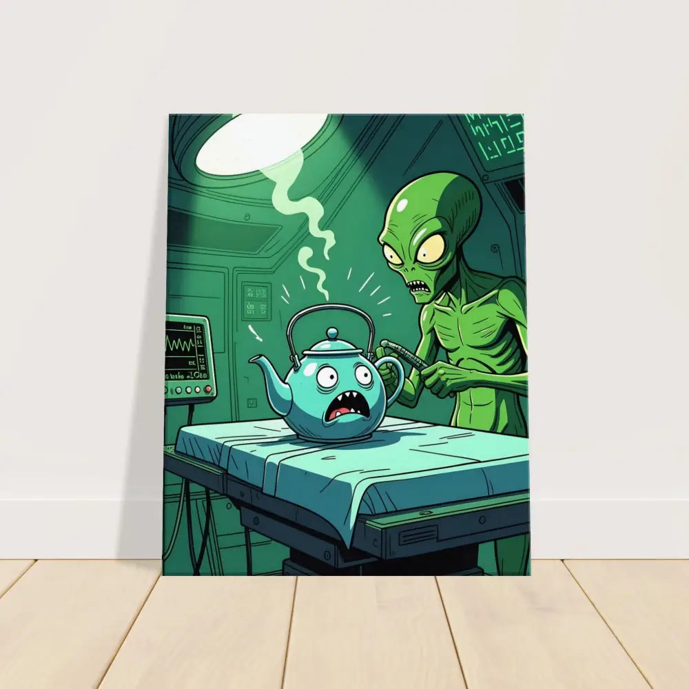 Cartoon alien examining a teapot on PixiOnyx Wall Art Probe Protocol Canvas Tea Time Terror