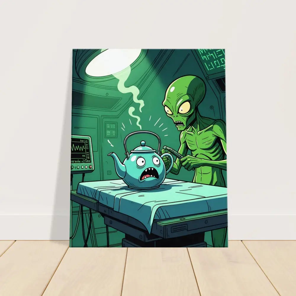 Cartoon alien inspecting a terrified teapot on PixiOnyx Wall Art Probe Protocol Canvas