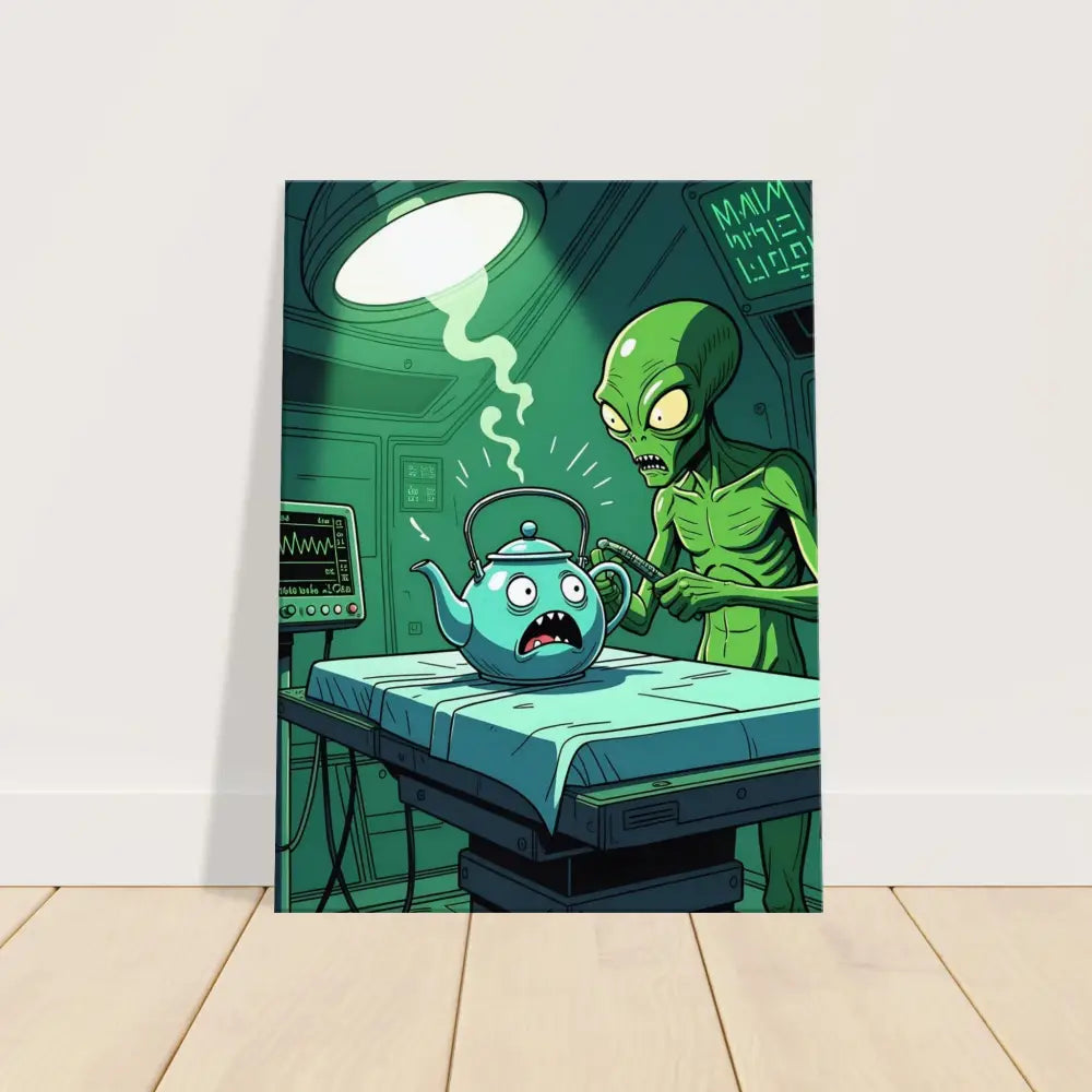 Humorous Alien Operating on a Teapot in Probe Protocol Canvas for Tea Time Terror Wall Art