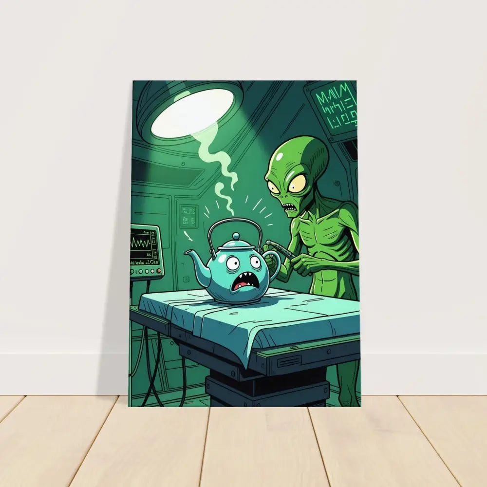 Cartoon alien examining a terrified teapot on PixiOnyx Wall Art Probe Protocol Canvas