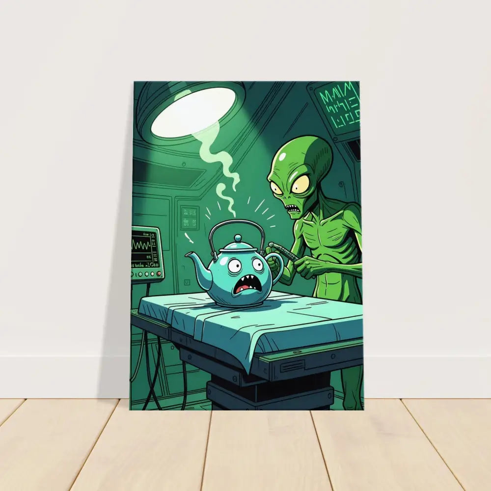 Cartoon alien examining a teapot from Probe Protocol Canvas Tea Time Terror Wall Art