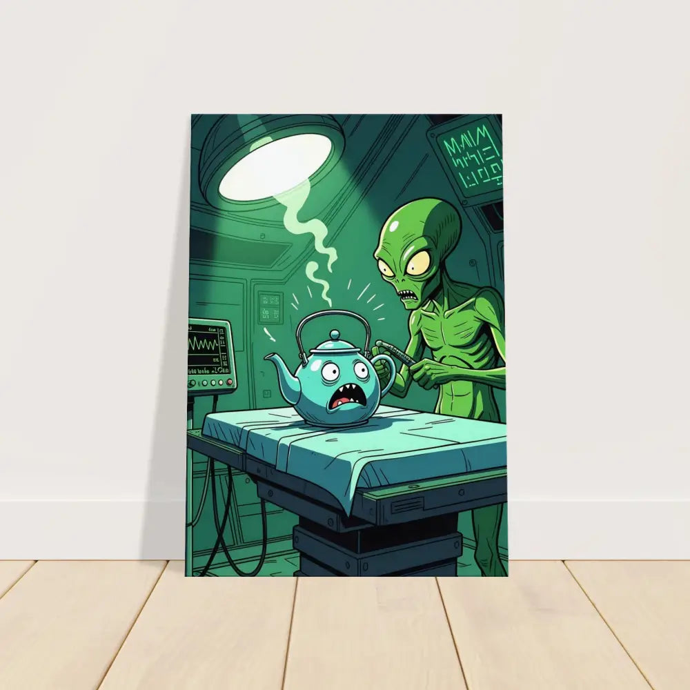 Cartoon alien examining a teapot on Probe Protocol Canvas Tea Time Terror PixiOnyx Wall Art