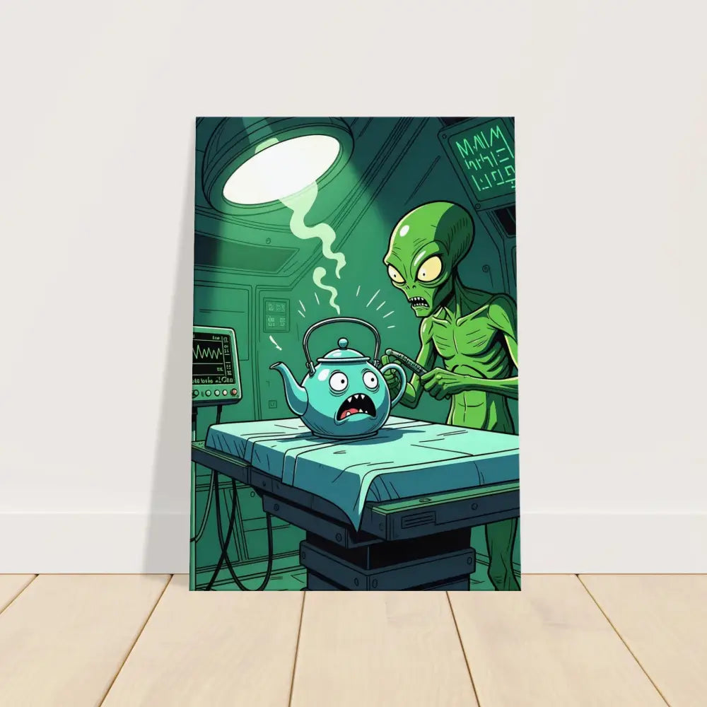 Cartoon alien examining a teapot in Probe Protocol Canvas Tea Time Terror Wall Art