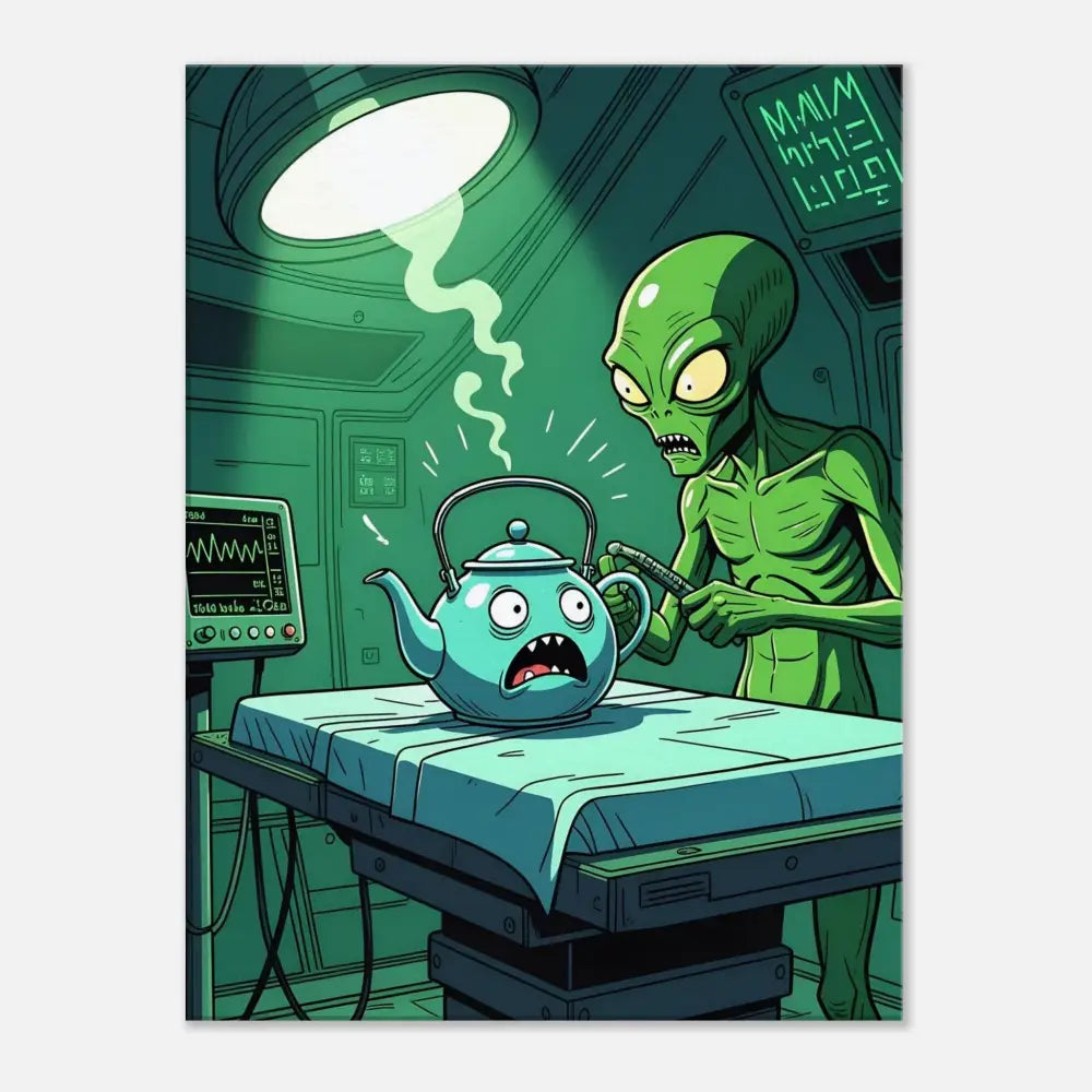 Cartoon alien examining a terrified teapot on Probe Protocol Canvas Tea Time Terror PixiOnyx Wall Art