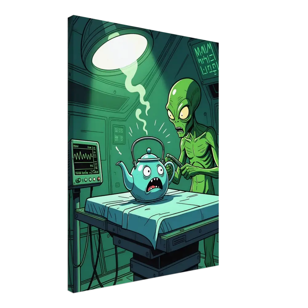Cartoon teapot undergoing alien examination in Probe Protocol Canvas Tea Time Terror PixiOnyx Wall Art