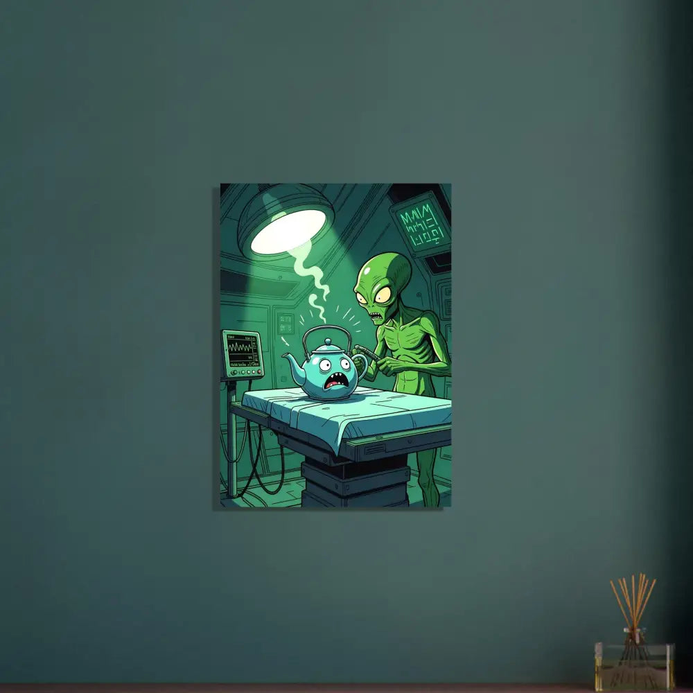 Humorous alien abduction scene on PixiOnyx Aluminum Wall Art Probe Protocol Metal Print