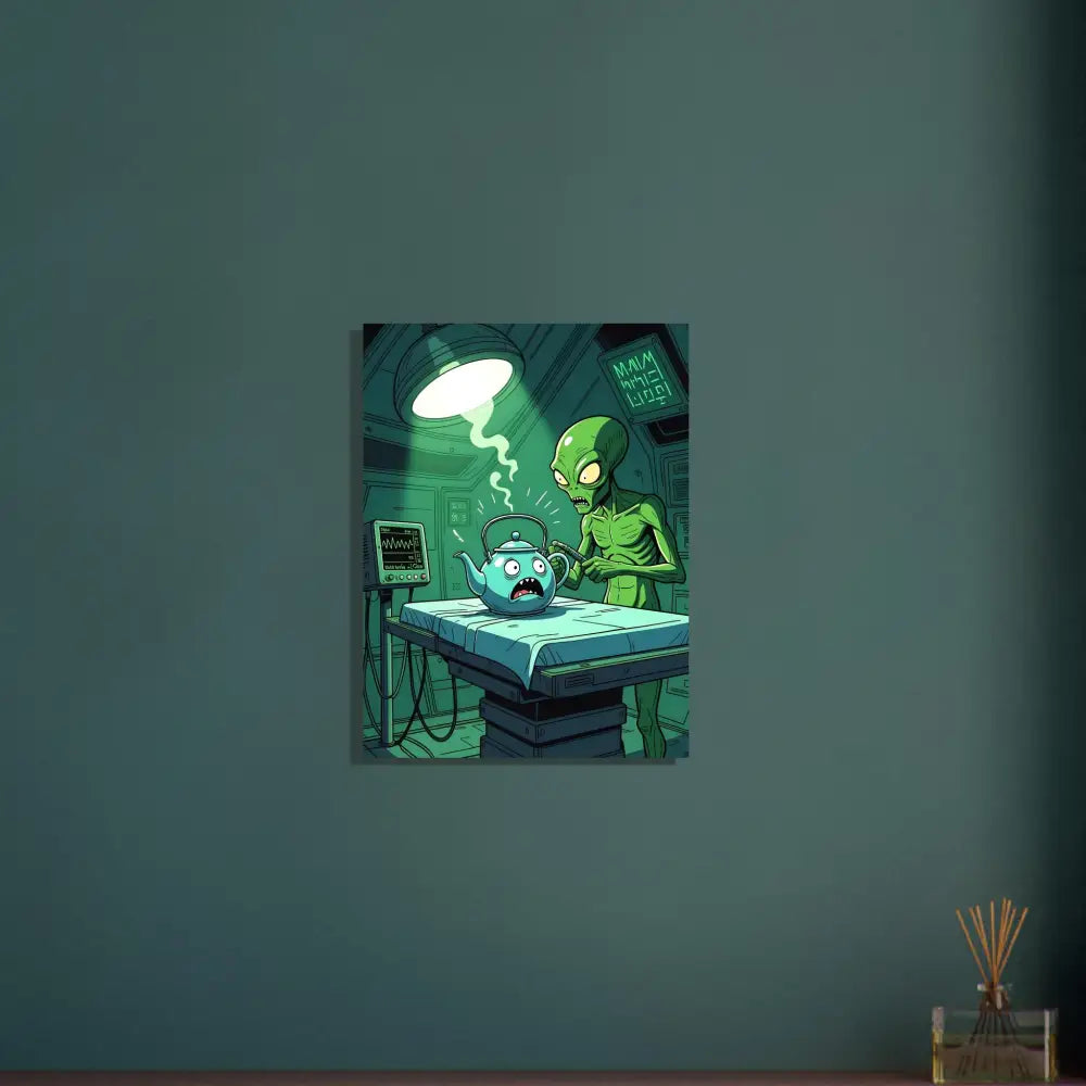 Humorous alien operating on a teapot depicted in Probe Protocol Metal Print Wall Art