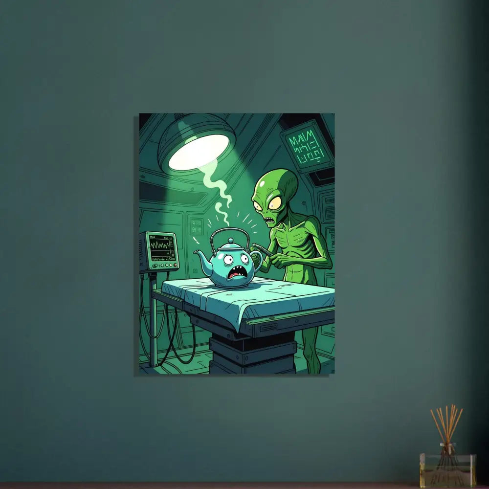 Humorous alien operating room scene on PixiOnyx aluminum wall art for Probe Protocol Metal Print