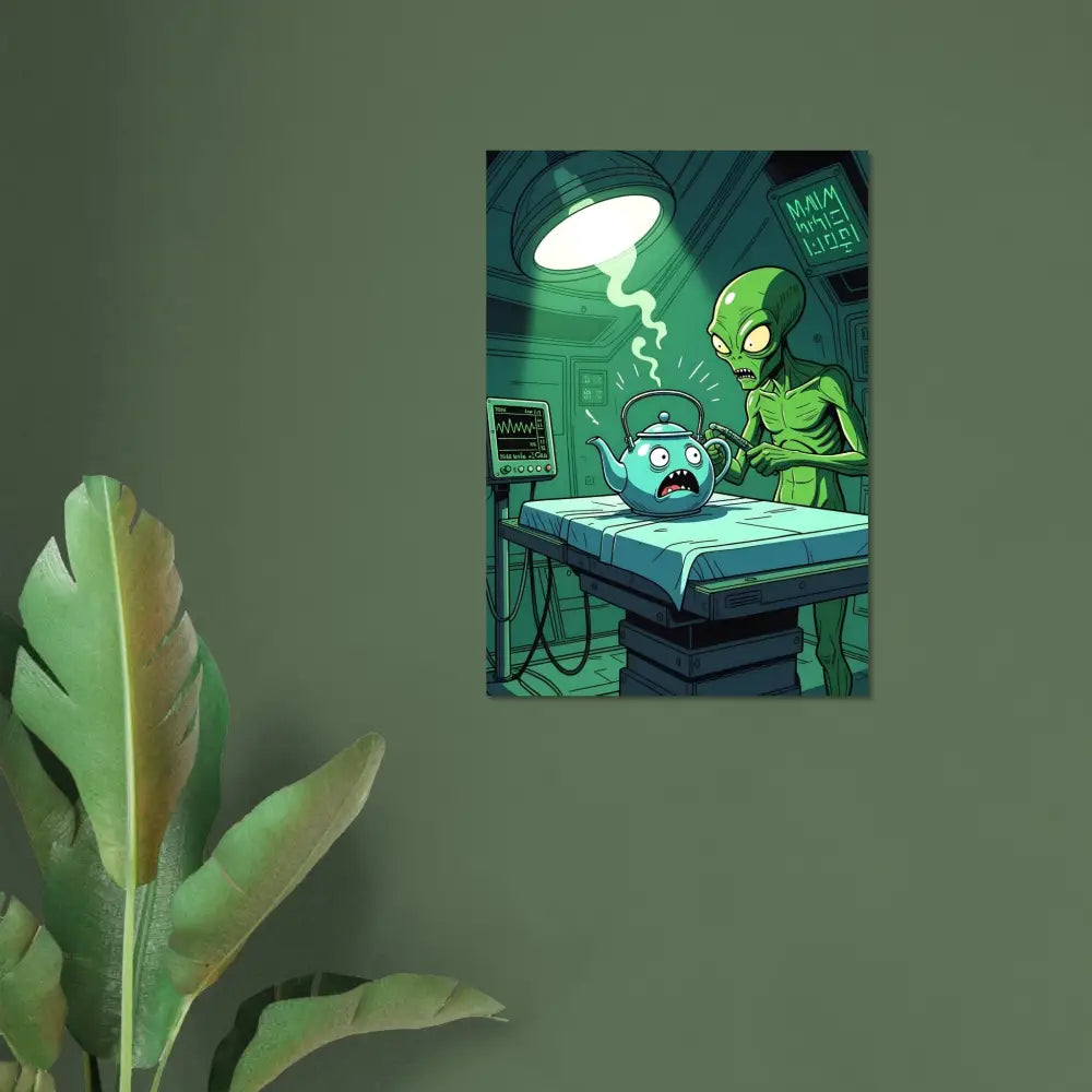 Humorous alien abduction scene on Probe Protocol Poster Intergalactic Checkup PixiOnyx Fine Art Print