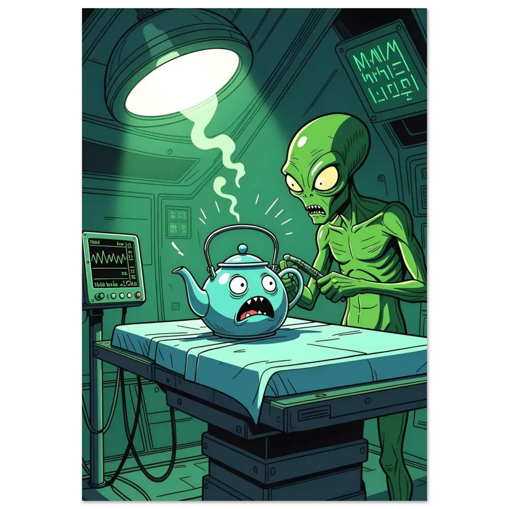 Cartoonish frightened teapot from Probe Protocol Poster Intergalactic Checkup PixiOnyx print