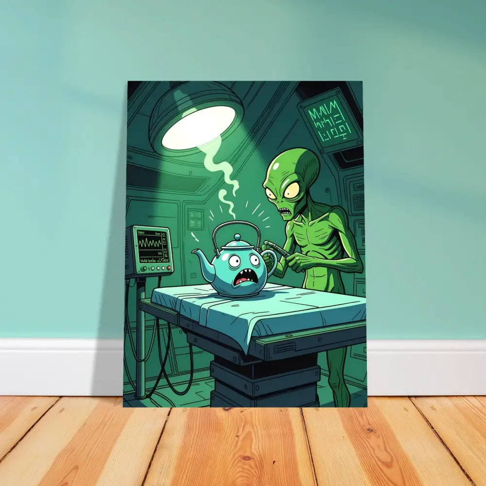 Cartoon alien performing intergalactic checkup on a teapot in PixiOnyx Fine Art Print