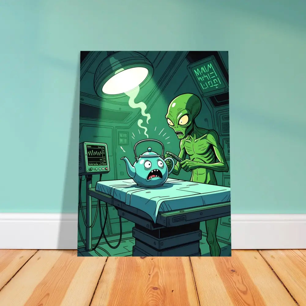 Cartoon alien performing an operation on a teapot for Probe Protocol Poster PixiOnyx Fine Art Print