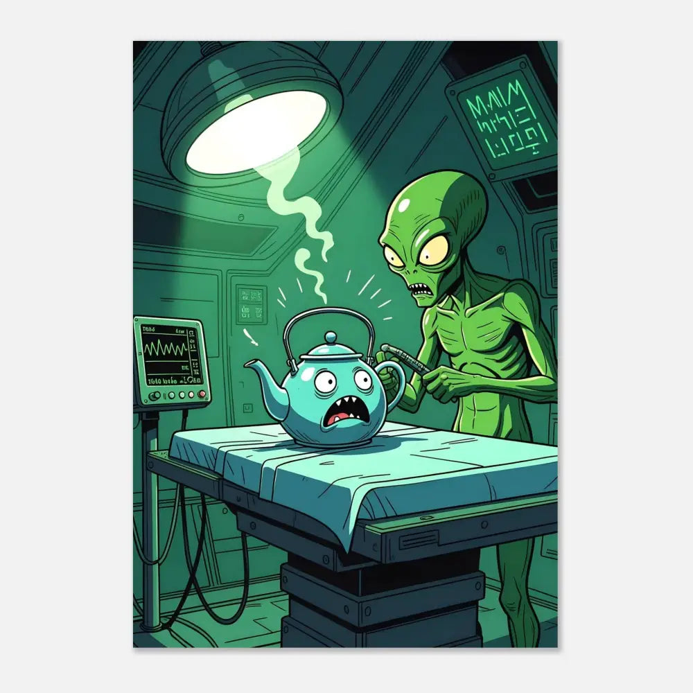 Cartoon alien inspecting a frightened teapot in Intergalactic Checkup poster PixiOnyx Fine Art Print