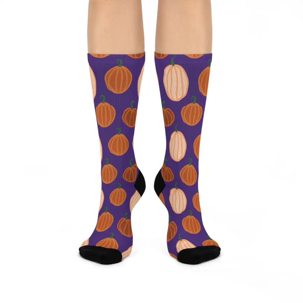 Purple pumpkin pattern cozy socks for Halloween fall fashion from PixiOnyx