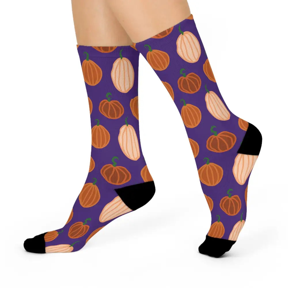 Purple pumpkin pattern cozy socks with orange and light pumpkin designs for Halloween