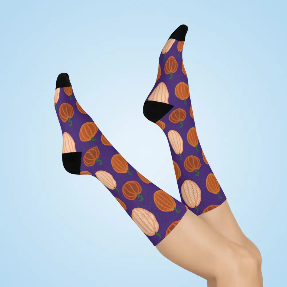 Purple pumpkin pattern cozy socks with orange and light-colored pumpkin designs