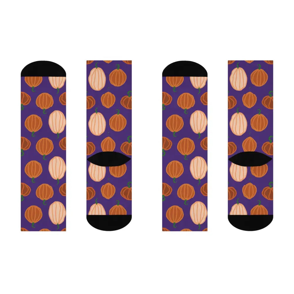 Pumpkin Pattern Cozy Socks with orange and light orange pumpkin patterns on purple background